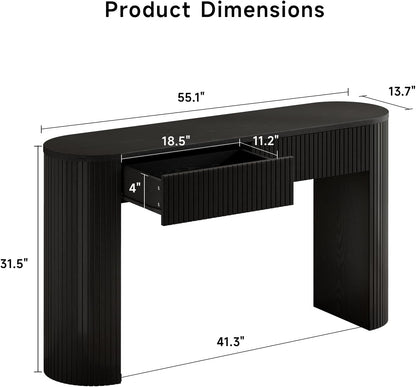 Console Table with Storage Drawers, 55 Inch Fluted Entryway Tables, Mid-Century Sofa Table Behind Couch, Wood Thin Hallway Tables, Modern Foyer Table for Living Room, Hallway, Accent Home Decor Black