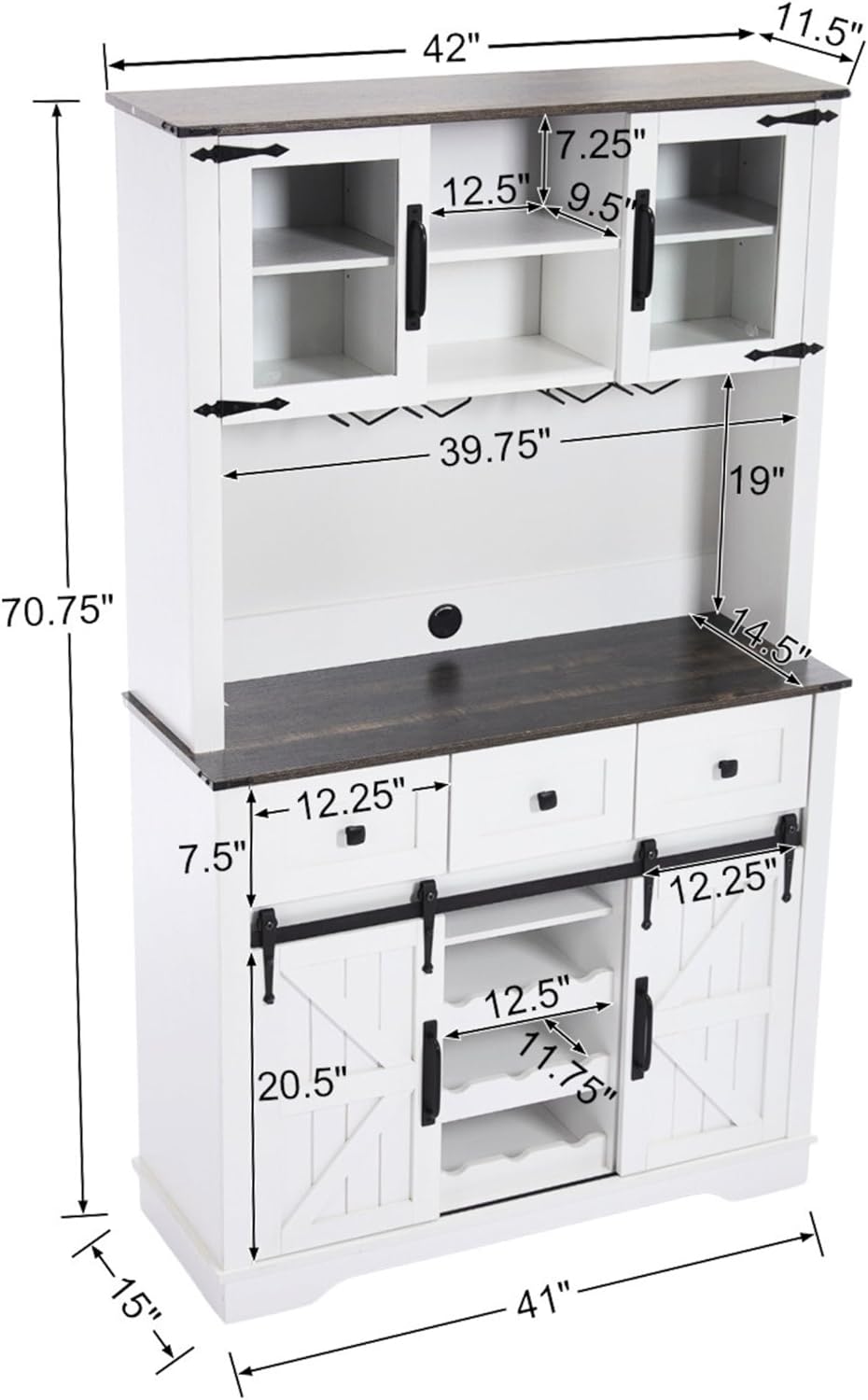 Coffee Bar Cabinet with Sliding Barn Doors 71'' Farmhouse Pantry Cabinet with Drawers & Wine Glass Rack Rustic Buffet Cabinet for Kitchen, White and Black