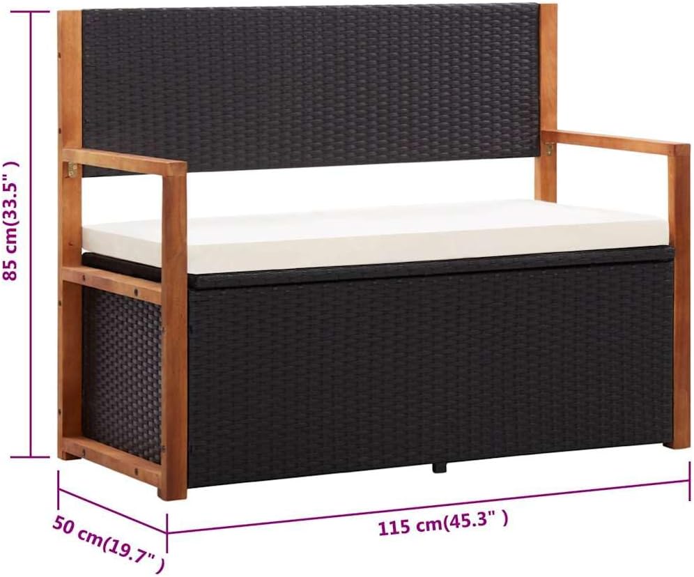Poly Rattan Outdoor Storage Bench with Solid Acacia Wood Armrests and Backrest, Large Hidden Storage Space, Thick Removable Seat Cushion, Black
