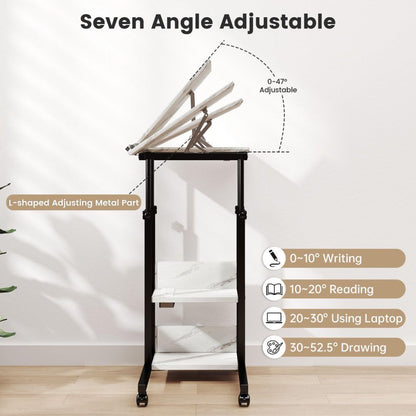 Hadulcet Adjustable C Table with Charging Station, Tiltable Desk C Shaped End Table for Couch, Over Bed Table with Wheels Adjustable Height, Hospital Table Laptop Stand Drawing Desk, Marble White