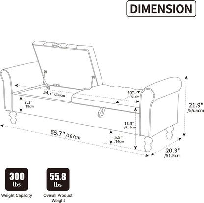 65.75" Modern Upholstered Ottoman with Storage, End of Bed Storage Bench with Rolled Armrest and Wood Legs, Comfy Napped Fabric Ottoman Bench for Living Room, Entryway, Dormitory, Bedroom (Black+A)