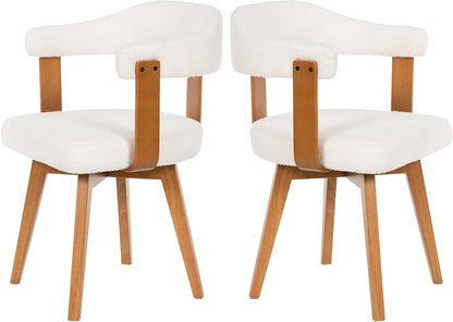 EYYTHUNG Swivel Dining Chairs Set of 2, Mid Century Modern Boucle Dining Chairs with Arms and Wood Legs,Upholstered Kitchen Chairs for Kitchen, Dining Room, Living Room, White and Dark Oak
