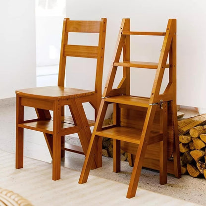 4 Tier Folding Step Ladder, 3-in-1 Wooden Folding Ladder Chair, Portable Multi-Function Step Stool, 198 lbs Capacity Indoor and Outdoor Display Rack Flower Rack,for Library,Home,Kitchen (Light Walnut)