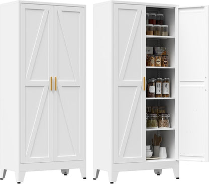 71" Tall Metal Pantry Cabinet, Kitchen Storage Cabinet with 2 Doors and 4 Adjustable Shelves for Kitchen, Living Room, Dining Room, Bathroom and Home, Office (White, 1PC)