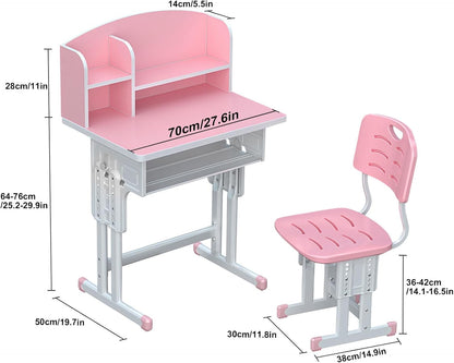 1 Set Kids Desk Chair Set, Height Adjustable Children School Study Table Chair Sets with Storage Drawer, Ergonomic Desk Chairs with Book Stand, Partition Design Pink 70 cm