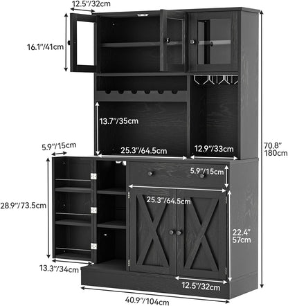 YITAHOME 71''H Kitchen Pantry Cabinet, Black Oak | Tall Cabinet with Drawer, Doors & Goblet Holder, Wine Rack, Power Outlet, For Kitchen & Living Room