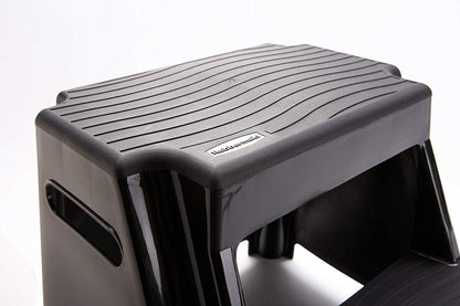 Rubbermaid 2-Step Plastic Stool, 300 lb Capacity, Lightweight, Black | Slip-resistant treads, Non-marring feet, Large standing platform, Cutout carry handles, No assembly required