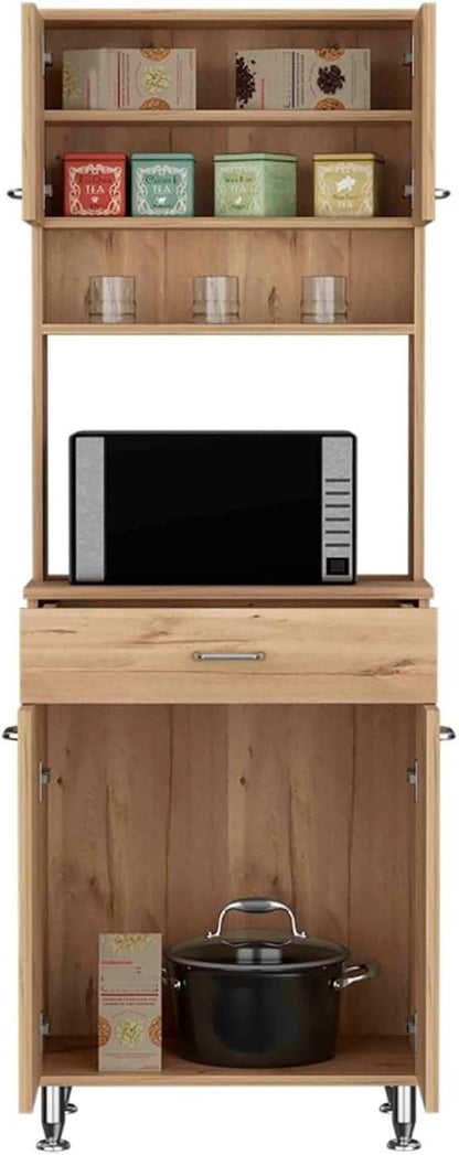 60" Freestanding Kitchen Panty Solid Wood Food Pantries with Storage Shelf & Open Countertop, Tall Buffet Cabinet Kitchenware Server with Microwave Stand & Silver Metal Handles (Beige)