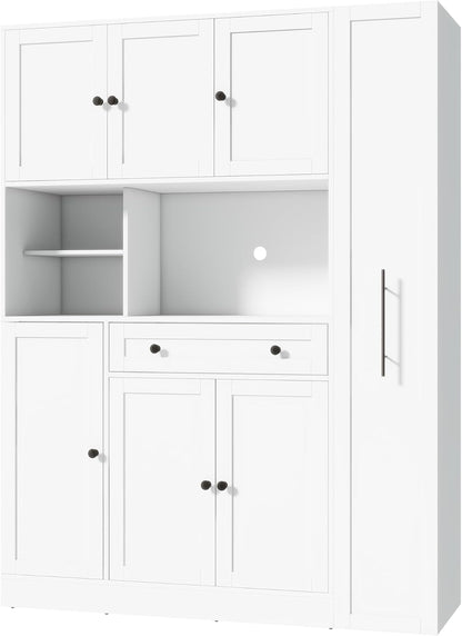 70 Inch Buffet with Hutch and Pull-Out Side Cabinet, White | White P2 MDF, kitchen or dining room, 7-tier side organizer, door shelves, adjustable shelves, open workstation, 52.8 in W