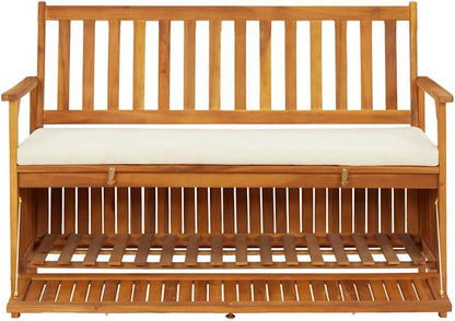 Patio Storage Bench Solid Acacia Wood Outdoor Garden Bench with Cushion, 47.2 Inch 2-Person Seating with Storage Chest for Hallway, Entryway, Backyard, Natural Brown Finish