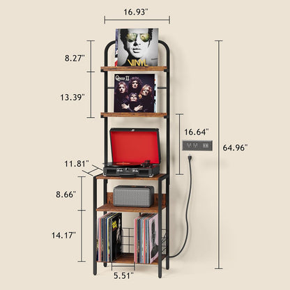 Record Player Stand with Power Outlet, Turntable Stand with 2-Tier Vinyl Record Storage, Record Player Table Up to 200 Albums, End Table for Vinyl Record Holder for Living Room