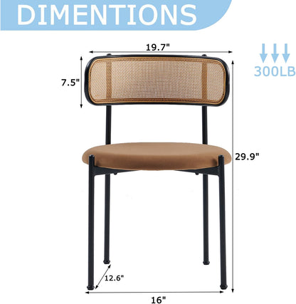 Rattan Dining Chairs Set of 6, Kitchen Chairs with Curved Cane Backrest &Metal Legs, Modern Dining Room Chair, Round Upholstered Sherpa Chair for Living Room, Brown
