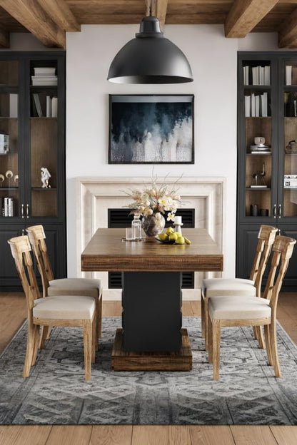 LITTLE TREE 63" Modern Dining Table, Rectangular Dinner Table for 4-6, Farmhouse Kitchen Table, Sturdy Wood Pedestal Base for Kitchen/Dining Room, Rustic Brown & Black