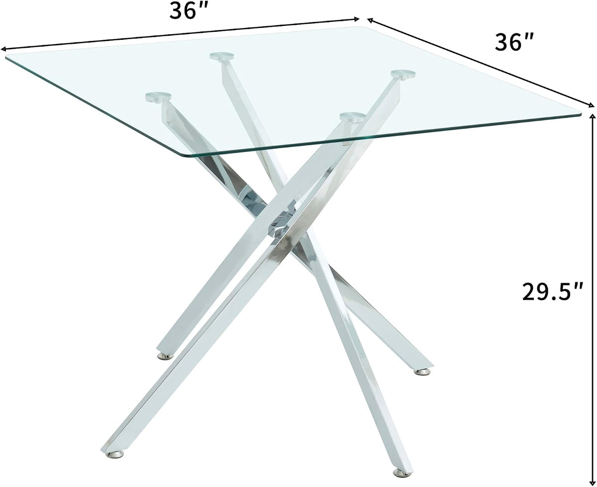 36 inch Square Glass Dining Table, Modern Dining Table for 4, Square Kitchen Table with Tempered Glass Top & Silver Chrome Metal Legs for Dining Room, Living Room, Apartment, Small Space