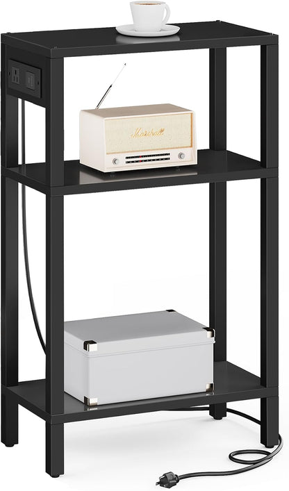 TUTOTAK Narrow Side Table, 3-Tier Small End Table with Charging Station | Skinny Sofa Table, Slim Nightstand, Easy Assembly for Living Room, Bedroom, Black TB01BK079