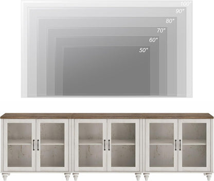 WAMAPT 101" Farmhouse Sideboard Credenza with 6 Glass Doors, Large Coffee Bar Table with Adjustable Shelf, Wood Kitchen Storage Cabinets, Modern Buffet Cabinet for Dining Room, Rustic White