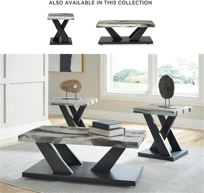 BOWERY HILL Coffee Table Set, 3-Piece, Faux White Marble Tops, Black Wood Frames, Built-in Casters, Includes 1 Coffee Table and 2 End Tables, Contemporary Living Room Furniture Set