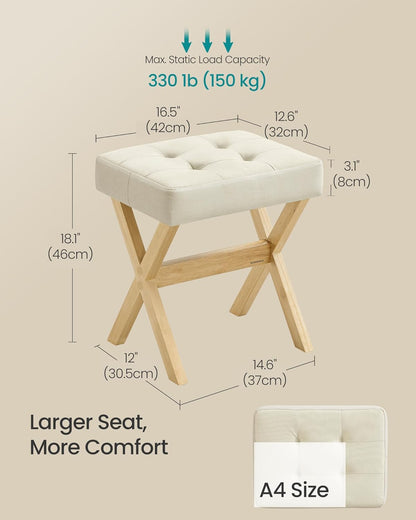 SONGMICS Makeup Stool, Padded Vanity Foot Rest, Solid Wood X Legs | 16.5 x 12.6 x 18.1 Inches, for Bedroom, Closet, Entryway, Summer Sand, MARY Collection ULSF006LF02