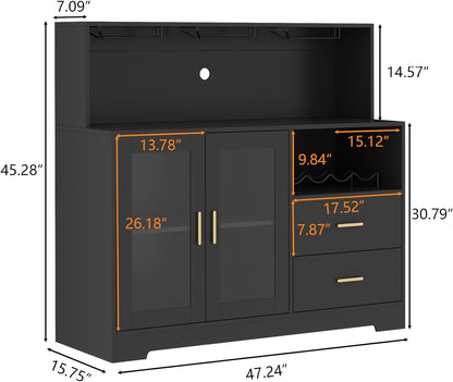Bar Cabinet for Home with LED Light,Coffee Bar Cabinet w/ Wine & Glass Rack | Wine Cabinets with Drawers & Microwave Stand, Modern Liquor Cabinets for Kitchen, Living Room, Dining Room (Black)