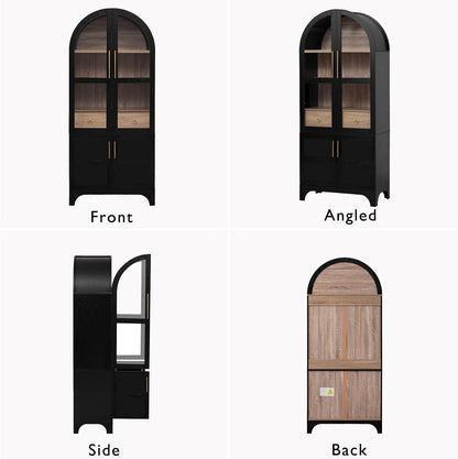 71" Tall Arched Kitchen Pantry Cabinet, Freestanding Kitchens Storage Cabinets with Hidden Drawers, Adjustable Shelves, & Glass Doors, Versatile Cupboard for Kitchen, Dining Room, Bathroom,Black