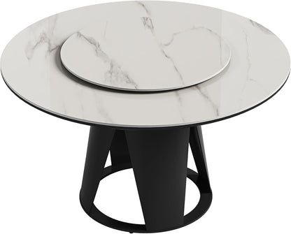 Montary 59" Modern Round Dining Table, Turntable Faux Marble Kitchen Table with Lazy Susan, Sintered Stone Tabletop Dining Room Table for 6-8 Person, with Black Metal Pedestal
