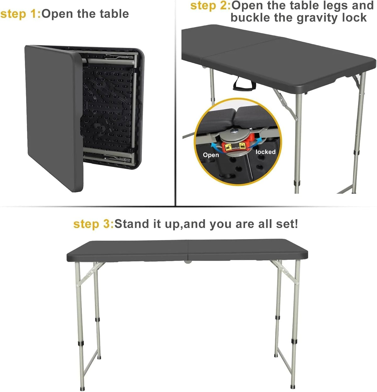 4FT Folding Table Heavy Duty 350 LBS, 3 Adjustable Heights Fold-in-Half Portable Table with HDPE Waterproof Top for Camping, Party, Craft, Card Game - Coffee Table to Dining Height, Indoor Outdoor