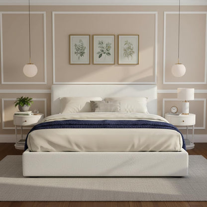 Christopher Knight Home Jamaiya Boucle Upholstered Queen Size Bed Frame with Headboard, Modern Queen Bed Frame and Headboard, Wooden Slats Support, Easy Assembly, No Box Spring Needed, White