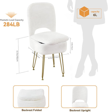 BRIAN & DANY Vanity Chair with Storage and Folding Back, Faux Fur Square Storage Chair, Vanity Stool Chair with 4 Metal Legs for Bedroom, Living Room and Makeup Stations, 13.4"x 15"x 30", White