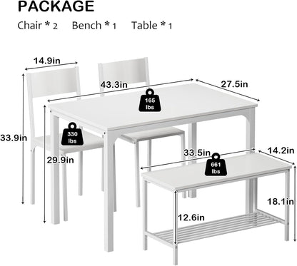 soges 4-Piece Dining Table Set with Bench - 4 Person Kitchen Table and 2 Chairs for Small Spaces, Apartment - Metal Frame & Woodgrain Tabletop, Space-Saving Design, Durable & Easy to Clean, White