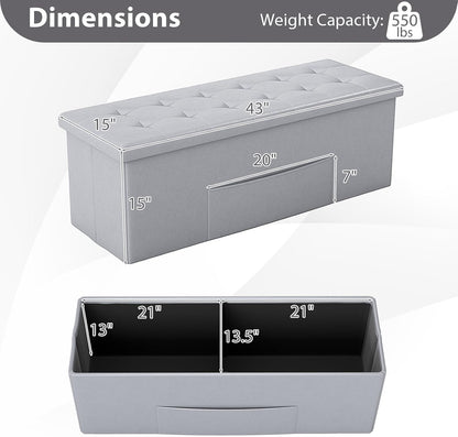 Giantex 43 Inches Folding Storage Ottoman Bench, Upholstered PU Leather Storage Chest with Side Pocket, Padded Seat, End of Bed Bench, Collapsible Ottoman Foot Rest for Living Room, Bedroom & Entryway