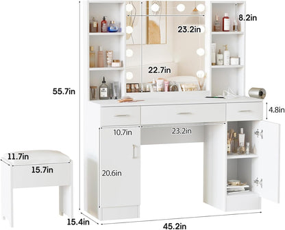 Vabches Makeup Vanity Table with Lighted Mirror & Power Strip, Large Vanity Set Vanity Desk with Storage Stool, 3 Lighting Modes, Brightness Adjustable, 45.2in(L)