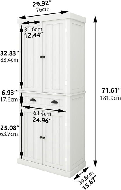 71.61" Kitchen Pantry Cabinet, Tall Storage Cabinet with 4 Doors and 1 Drawer, Freestanding Wood Kitchen Cabinet Cupboard with Adjustable Shelves for Kitchen, Dining Room, Living Room, White A