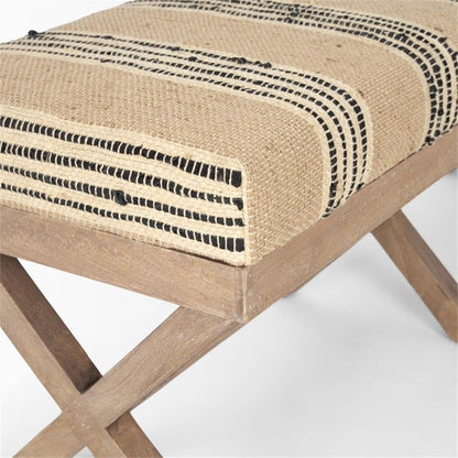 Pemberly Row Upholstered Accent Bench, 50L x 16W x 18.8H, Mango Wood Base, Beige/Black Stripe Jute Cushion, Farmhouse Global-Inspired Design, Versatile Kitchen or Living Room Seating
