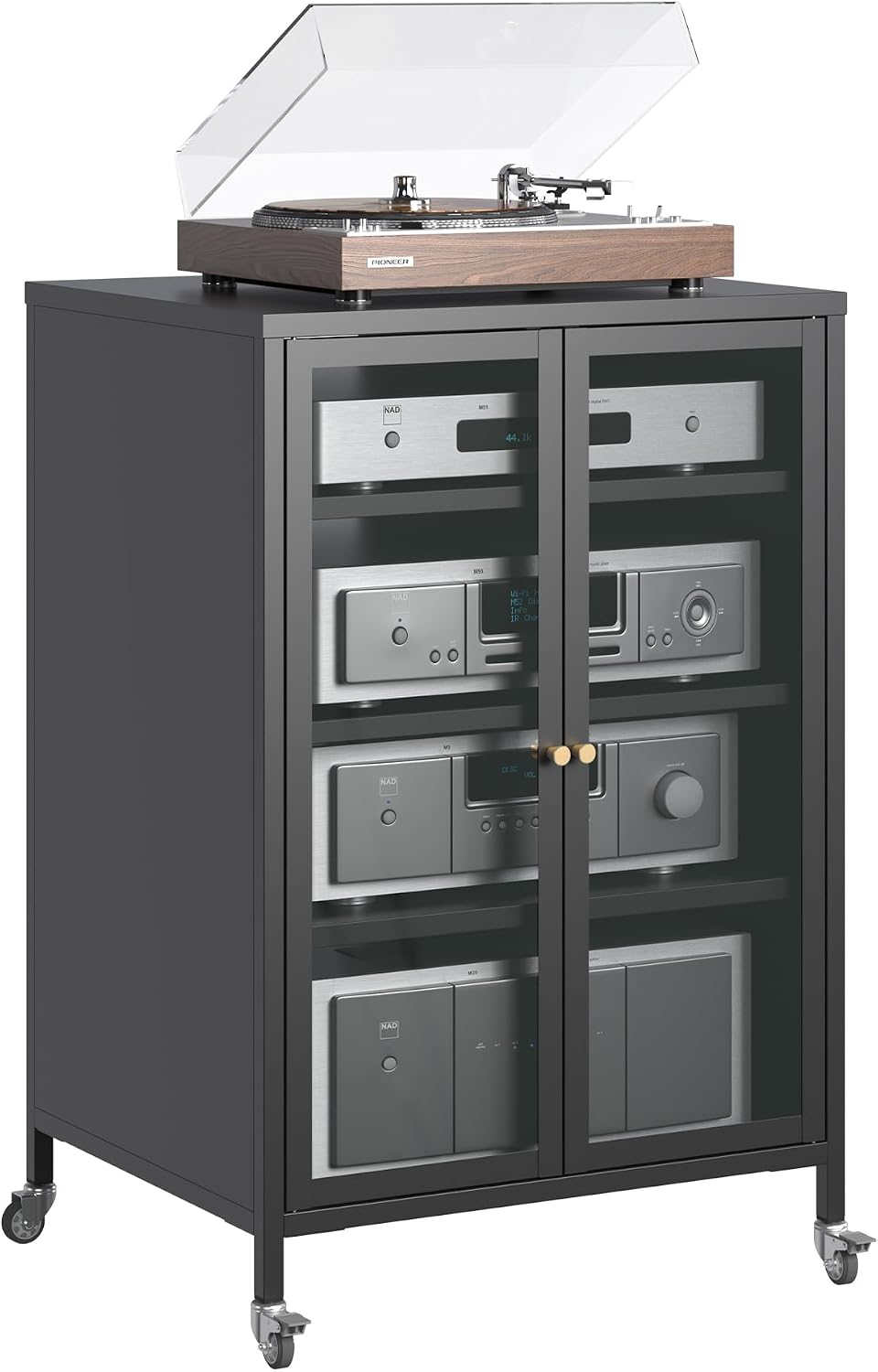 Stereo Cabinet, Metal Media Storage Cabinet with Glass Doors, Audio-Video Media Stand with 4 Adjustable Shelves, AV Stand for Meeting, Living, Recording Room, Require Assembly, Black