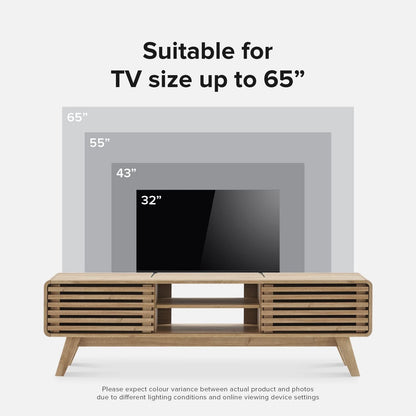 mopio Ensley 59" TV Stand with Slatted Door, Mid Century Modern Entertainment Center for 55/60/65 inch TV, Farmhouse Media Console with Storage, Adjustable Shelves, Round Edges, Living Room (Oak)