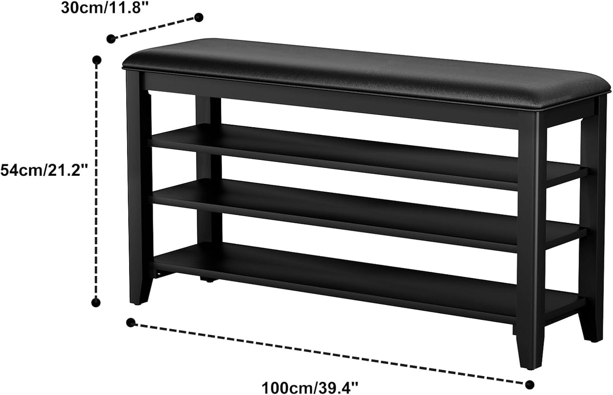 Shoe Rack Bench Entryway Storage with Leather Cushion, Shoe Organizer Bench for Entryway, Ideal for Front Doors Entrances Hallway Mudroom Featuring Rubberwood And 3 Height-Adjustable Removable Shelve
