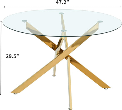 47.2'' Round Glass Dining Table for 4, Glass Round Dining Room Table with X-Shape Metal Legs, Clear Circular Top Gold Kitchen Table for 4, Perfect for Apartment Small Space