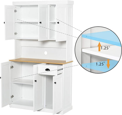 LUMISOL 71" Kitchen Pantry Storage Cabinet with Microwave Oven Countertop, Freestanding Hutch Cabinet with Adjustable Shelves, 6 Doors and 1 Drawer, White