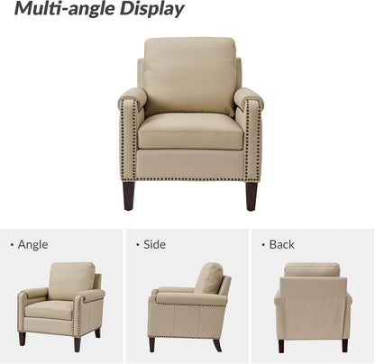 HULALA HOME Genuine Leather Accent Chair Set of 2 with Nailhead Trim, Beige | Mid-Century Modern Armchair with Solid Wood Legs, Rolled Arms, and Removable Cushion