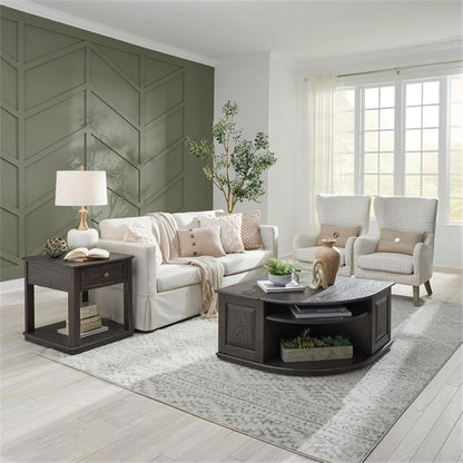 Pemberly Row 3 Piece Table Set, Rubberwood and Oak Veneers, Aged Oak Finish, Includes Cocktail Table with Lift Tops and Casters, 2 End Tables with Drawers, Antique Pewter Knobs, Living Room Furniture