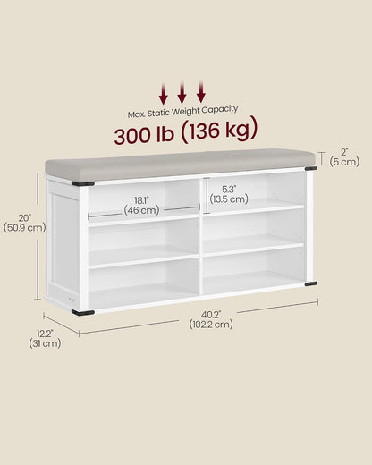 VASAGLE Shoe Storage Bench with Removable Cushion, Adjustable Shelves | Shoe Rack with Padded Seat, Entryway Bench, for Hallway, Bedroom, Cloud White, LIRY Collection ULSB105W01