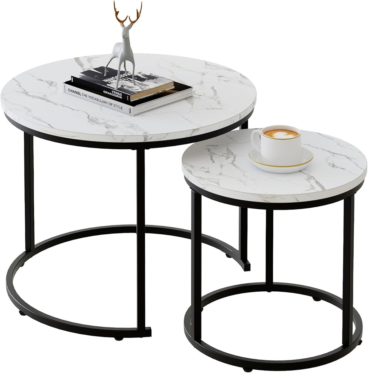 aboxoo Round Nesting Coffee Table Side Table Set of 2 End Tables for Living Room Bedroom Balcony, White Faux Marble Wooden Table Accent Coffee Table with Black Steel Frame