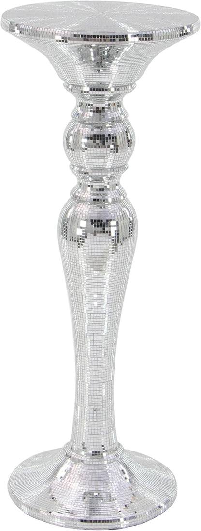 Deco 79 Polystone Round Pedestal Table with Mosaic Mirror Inlay, 14" x 14" x 36", Silver