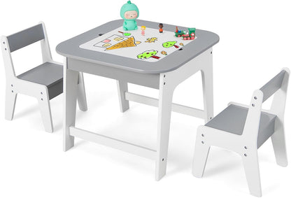 HONEY JOY Kids Table and Chair Set, 3-in-1 Children Wooden Activity Table and 2 Chairs for Art Craft, Reversible Blackboard, 3 PCS Toddler Furniture with Storage, Gift for Boys Girls (Gray)