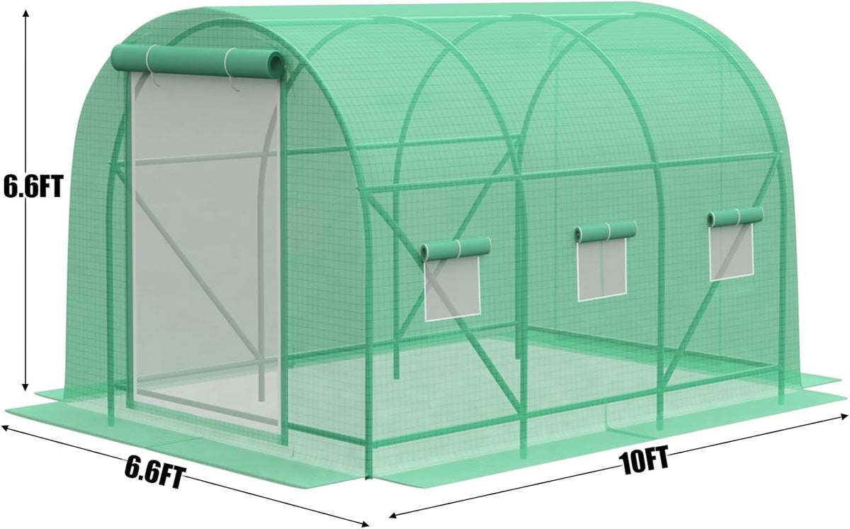 Greenhouse with Watering System, 10x7x7 Outdoor Greenhouse with 6 Mesh Windows and 1 Door, Easy Water and Irrigate Plants Green House (Green, 10x7x7 ft w/ Irrigation System)