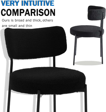Boucle Dining Chair Set of 2, Mid Century Modern Upholstered Kitchen Chairs with Curved Backrest & Black Metal Legs, Round Dining Room Chairs, Black
