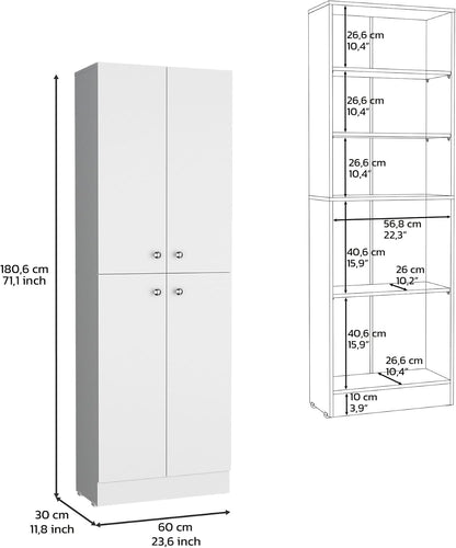 Kitchen Pantry 71" H, 4 Doors, 5 Adjustable Shelves, Laundry, White