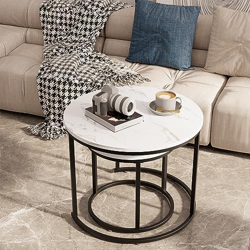 aboxoo Round Nesting Coffee Table Side Table Set of 2 End Tables for Living Room Bedroom Balcony, White Faux Marble Wooden Table Accent Coffee Table with Black Steel Frame
