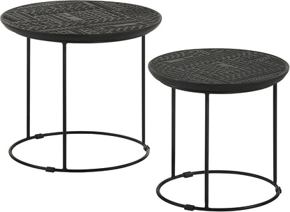 20" Sturdy Metal Frame Nesting Coffee Table, Boo Coffee Table with Embossed Tribal Pattern, Nesting Side Tables with Mango Wood top for Modern Indoor Spaces, Black