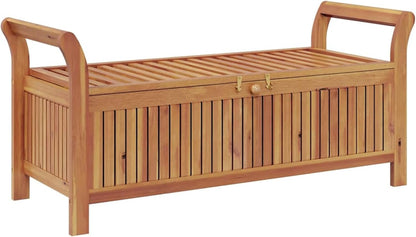 Gecheer Garden Storage Bench with Cushion, Solid Wood Acacia 126 cm Outdoor Seat with Storage Space for Patio Garden Backyard